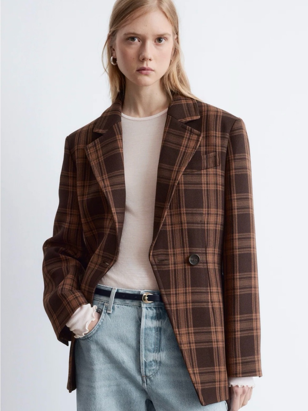 & other stories Fitted SHOULDER-PAD BLAZER Womens Brown Plaid Single-Button